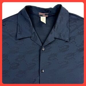 Studio YMLA Tribal Dragon Shirt Men LARGE‎ Black Poly Camp Collar Y2K 90s USA
